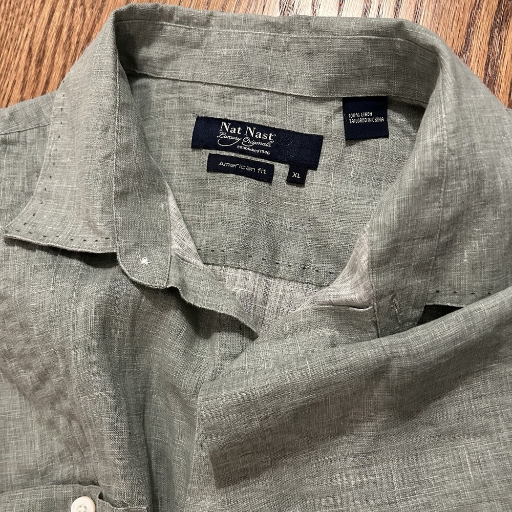 Nat Nast Men's Shirt Size XL Green 100% Linen Short Sleeves Button Up